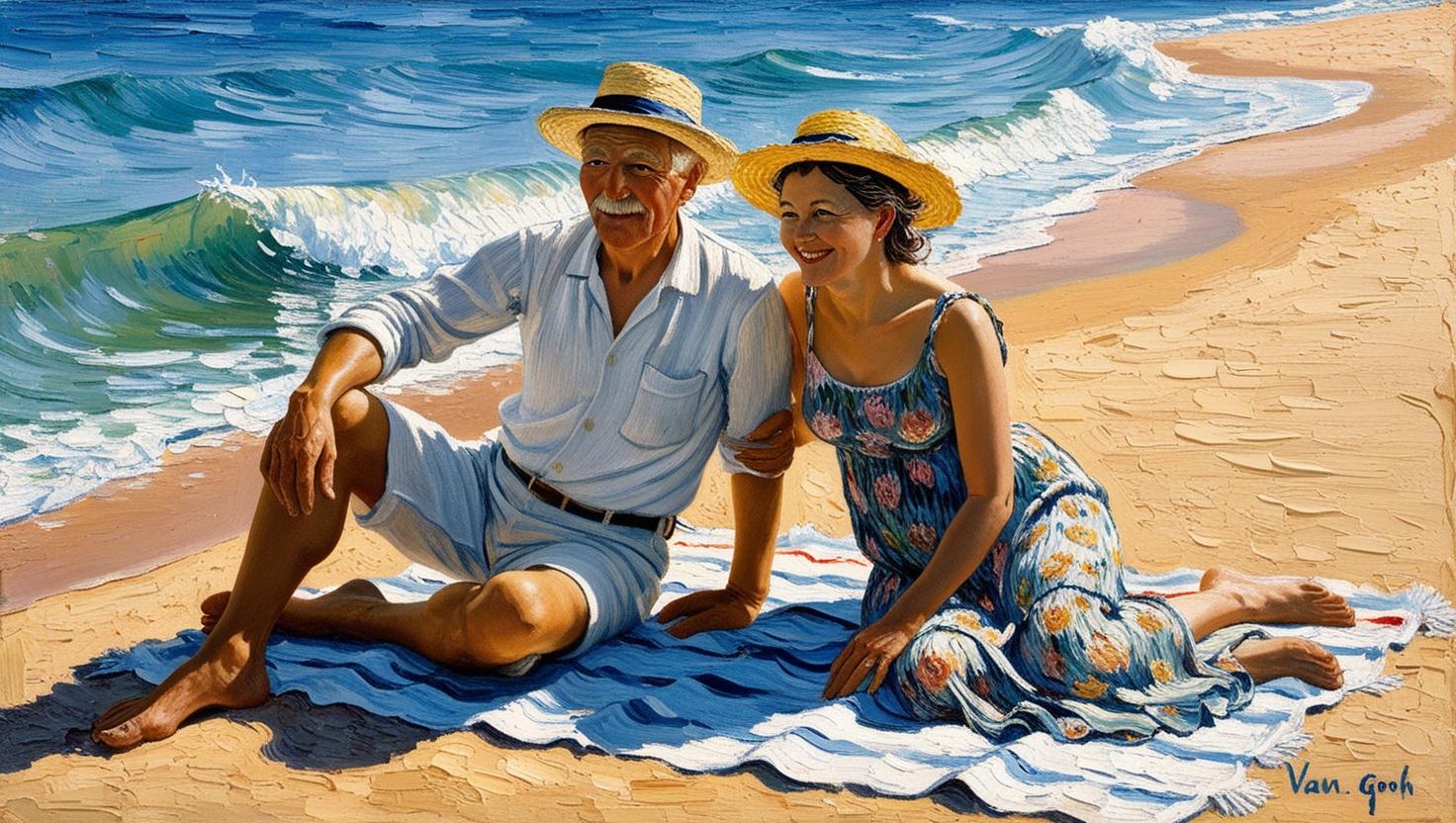 1 - van gogh painted image of a young retired couple at the beach