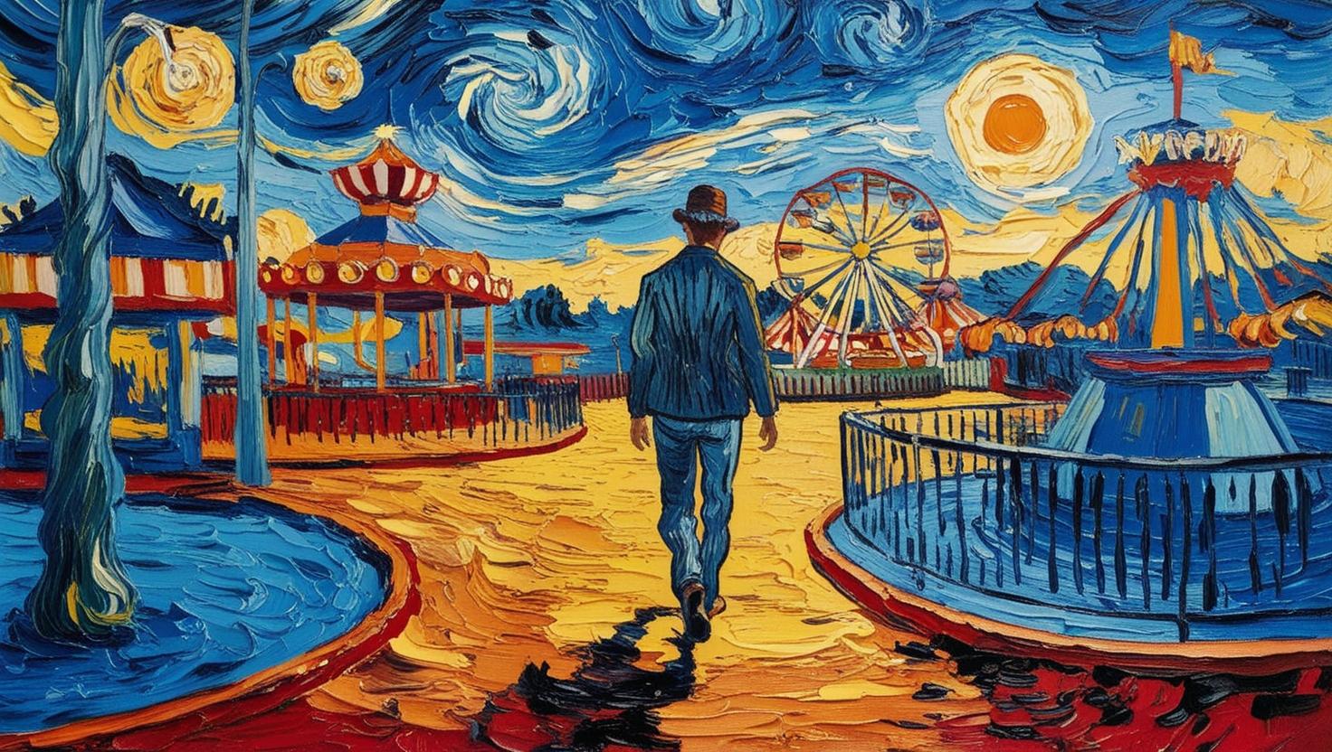 van gogh style painting walking at an amusement park